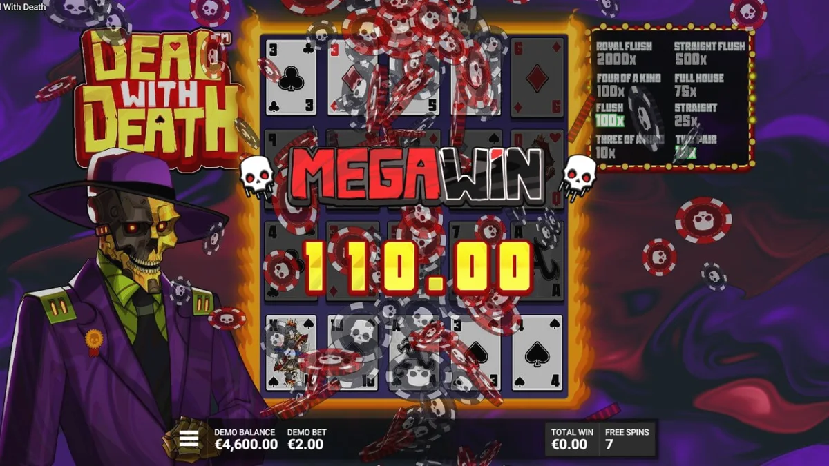 Isang madilim at futuristic na casino setting na nagtatampok ng Deal With Death slot machine.