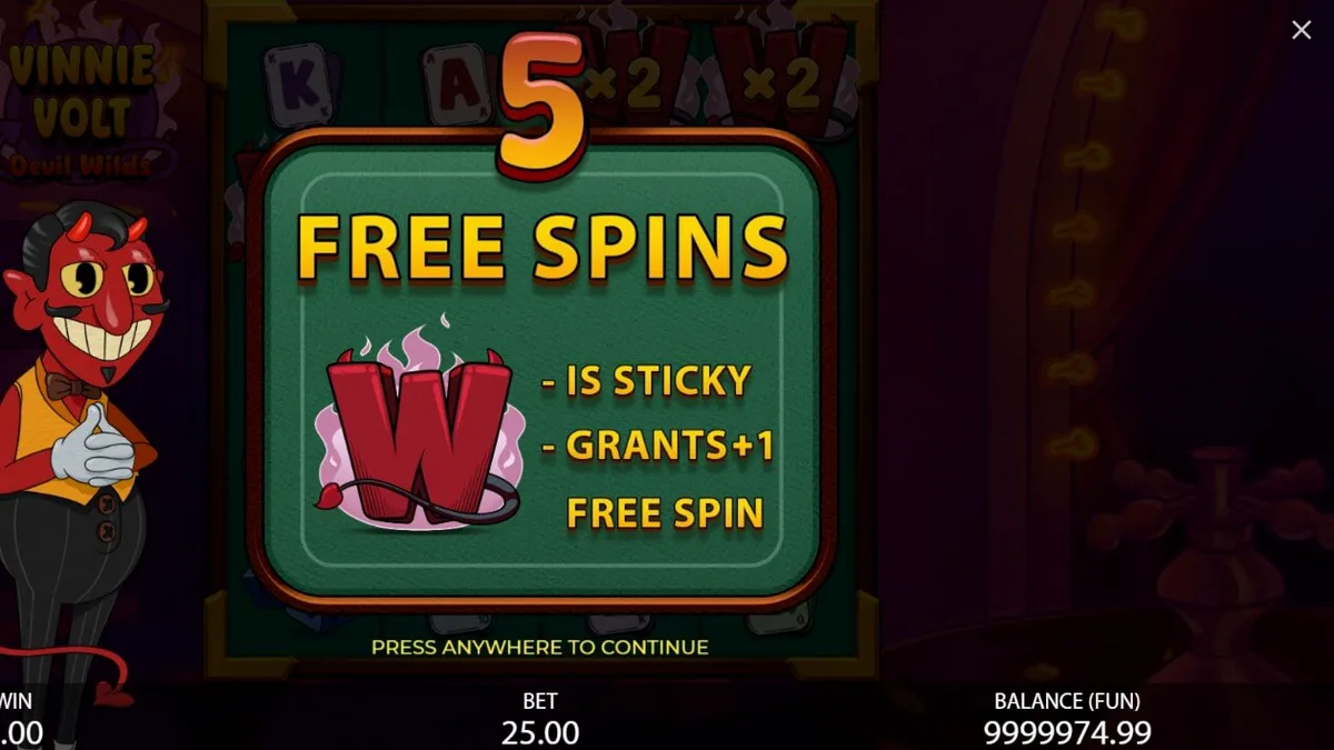 Vinnie Volt: Devil Wilds slot machine interface na may cartoon devil theme